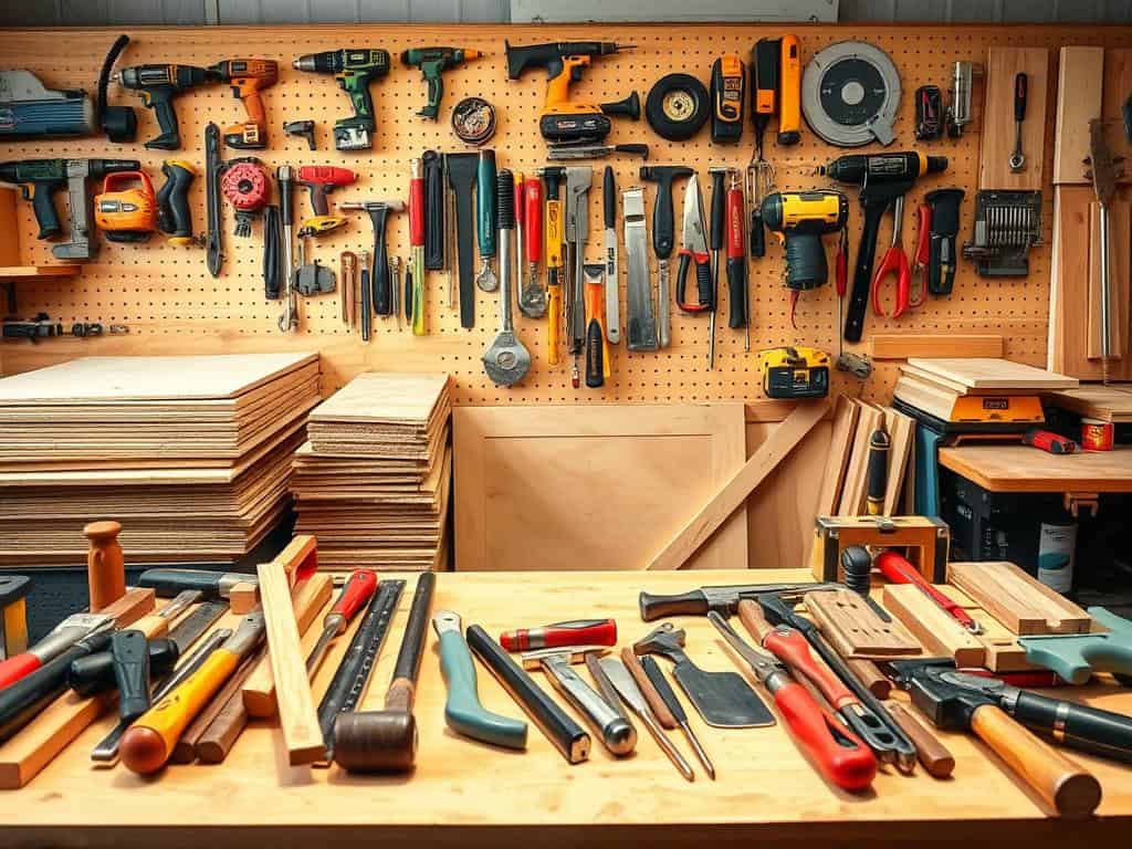 materials and tools for DIY workbench