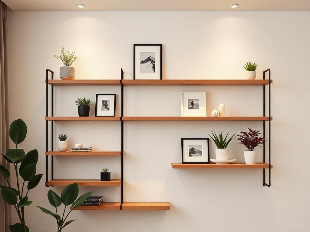 stylish home decor featuring mixed-material shelves and minimalist design