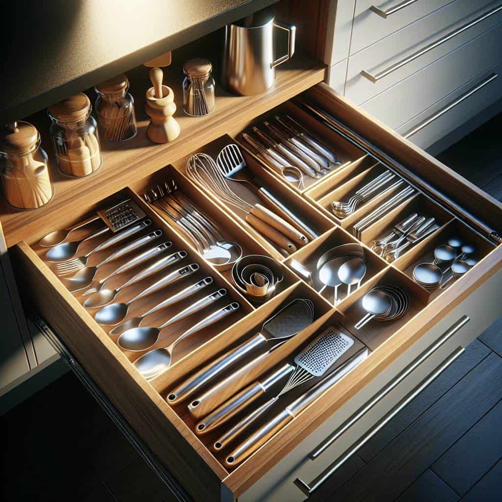 In-drawer kitchen organizers with utensils arranged