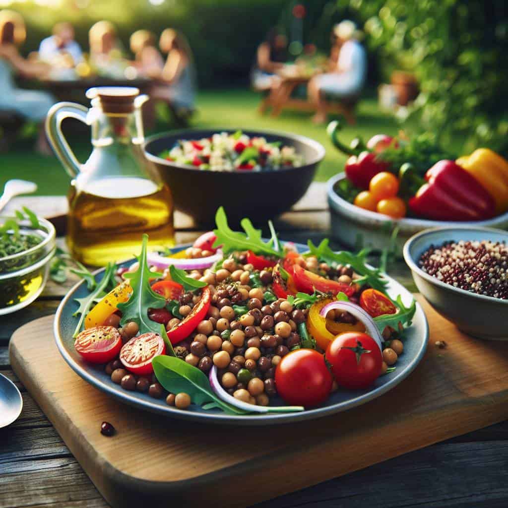Protein-rich vegetarian meals on wooden table.