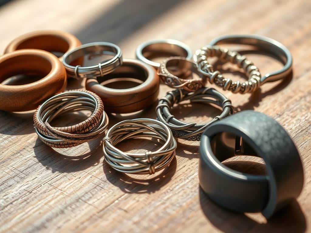 Wire-wrapped rings, wooden rings, faux granite rings, adjustable rings