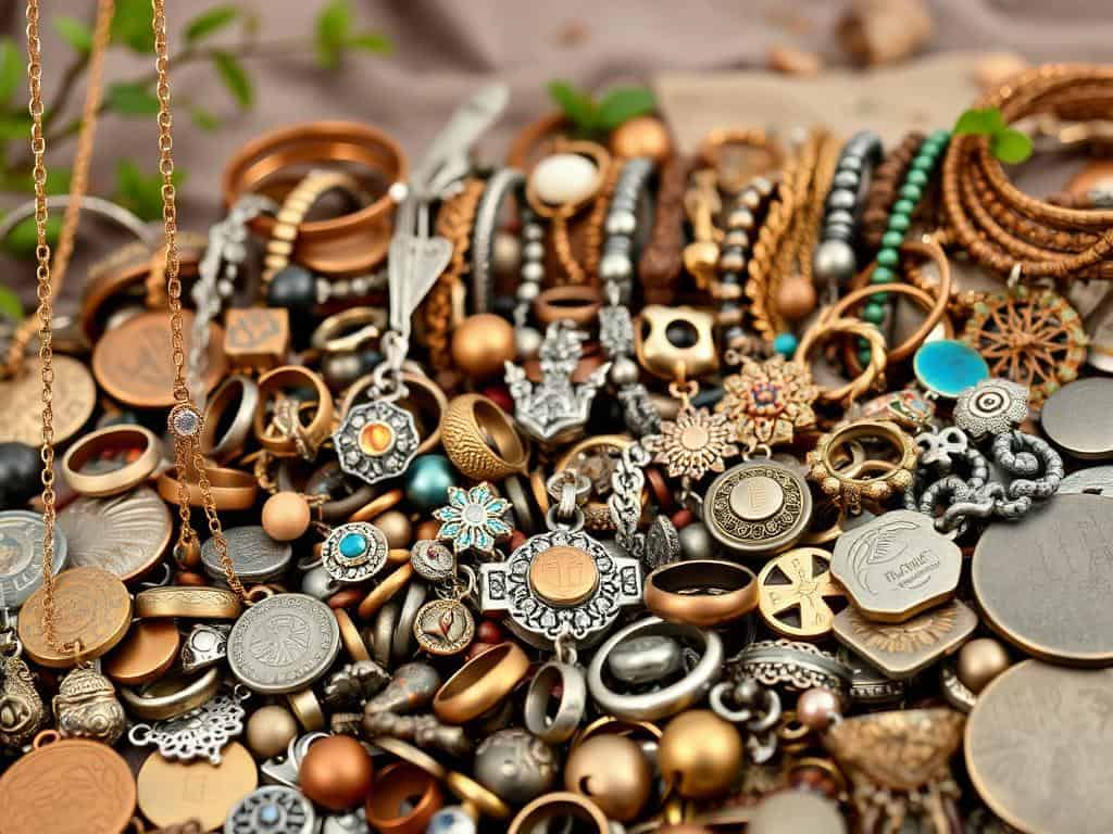 Vintage jewelry amidst colorful mixed metals
